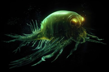 deep-sea creature, surrounded by glowing green light, swimming through the black depths, created with generative ai