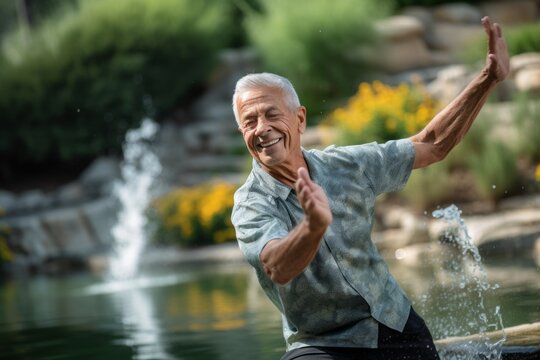 Environmental portrait photography of a joyful mature man working out against a tranquil koi pond background. With generative AI technology