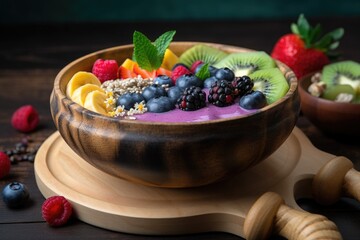 refreshing smoothie bowl with mix of fruits, veggies and herbs, created with generative ai