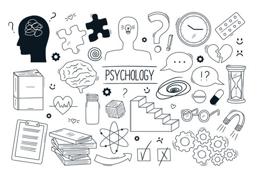 Set of hand drawn psychology vector doodles. Concept of mental health, psychotherapy, depression and anxiety treatment. Abstract human head, brain, books, clock and other outline icons.