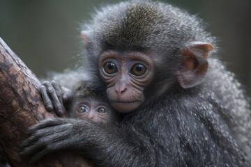 baby monkey cradled in the arms of its mother, created with generative ai