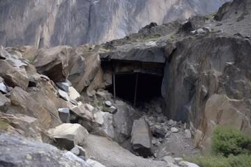 cave with broken walls and debris from rockfall, surrounded by towering peaks, created with generative ai