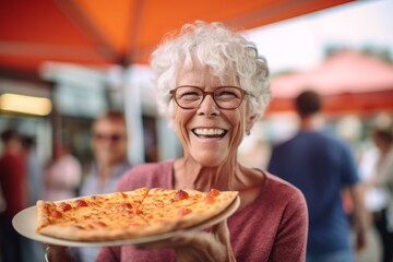 Close-up portrait photography of a glad mature woman holding a piece of pizza against a bustling farmer's market background. With generative AI technology