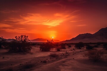 desert sunset, with orange and red hues reflecting off the horizon, created with generative ai