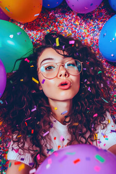 Generative AI illustration of serious young female with long curly hair in eyeglasses pouting lips and looking at camera midst colorful confetti