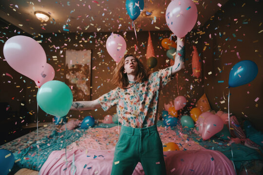 Generative AI illustration of young man with king ginger hair dancing in room amidst colorful balloons and confetti during 80s party