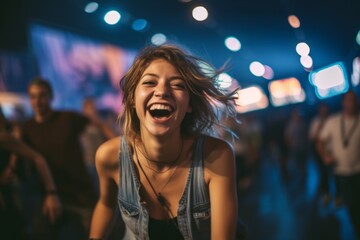 Environmental portrait photography of a grinning girl in her 30s running against a lively concert venue background. With generative AI technology