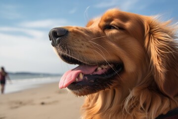 close-up of dog's face with its tongue hanging out, keeping watch over the beach, created with generative ai