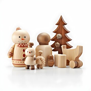 Collection of wooden Christmas toys.  Generative AI