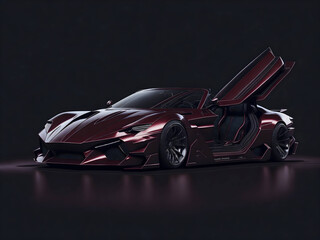 Naklejka premium Burgundy car of the future on dark background. Futuristic smart car technology. Generate Ai