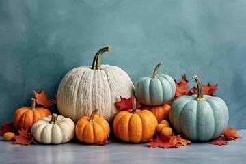 Composition with vibrant orange and soft pastel blue mini pumpkins, autumn leaves on textured dusty blue wall. Fall background in modern farmhouse style. Generative AI