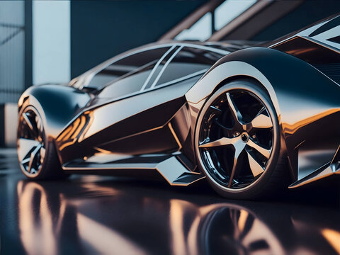 Detailed close-up of innovative car design in metallic color. Futuristic smart car technology. Generate Ai