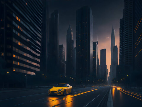 Yellow auto in the city. Futuristic smart car technology. Generate Ai