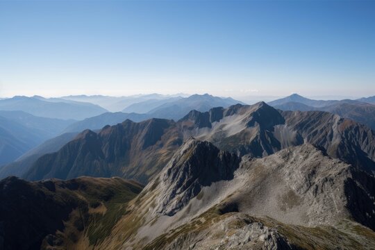 panoramic view of majestic alpine range, with distant snowy peaks visible, created with generative ai