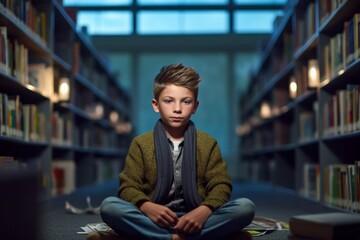 Medium shot portrait photography of a satisfied boy in his 30s meditating against a quiet library background. With generative AI technology