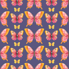 Watercolor set pattern of butterfly isolated on lilac background. Handpaiting watercolor illustration on white background.