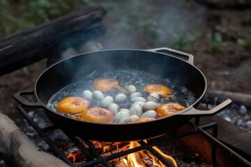 close-up of cooking skillet, with sizzling and popping sounds as eggs are cooked over campfire, created with generative ai