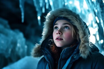 Photography in the style of pensive portraiture of a satisfied kid female gesturing victory against a majestic ice cave background. With generative AI technology