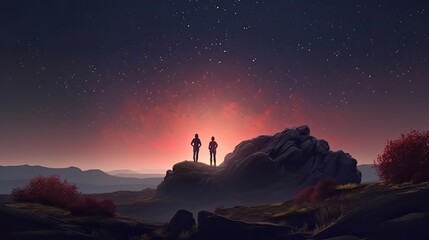 Naklejka premium Dark silhouette of young couple hiker were standing at the top of the mountain looking at the stars. Generative AI