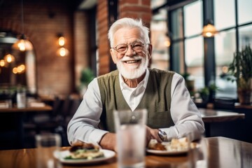 Lifestyle portrait photography of a grinning old man having breakfast against a lively brewery background. With generative AI technology