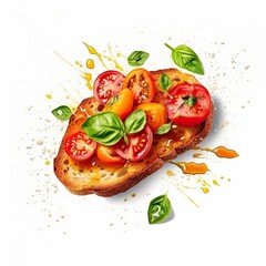 Tomato and basil bruschetta vegetarian dish isolated on white background. Generative AI - obrazy, fototapety, plakaty