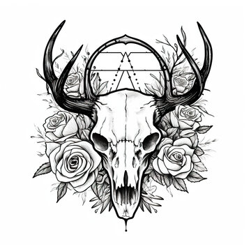 A skull with horns, roses and a pentagram. Generative AI.