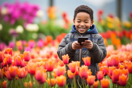 Medium shot portrait photography of a grinning kid male using the mobile against a colorful tulipfield background. With generative AI technology