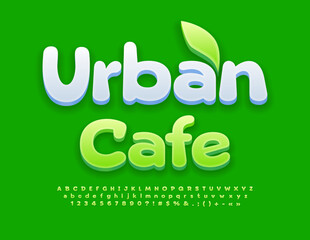 Vector modern emblem Urban Cafe with decorative Leaf. Green creative Font. Stylish Alpahebt Letters, Numbers and Symbols set