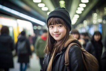 Environmental portrait photography of a satisfied kid female smiling against a bustling subway station background. With generative AI technology