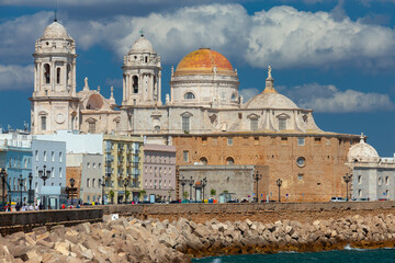 Cathedral of the Holy Cross on the waterfront of Cadiz on a sunny day.