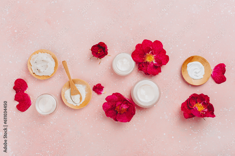 Sticker skincare products and dog rose flowers. natural cosmetics for home spa treatment