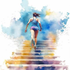 Fototapeta na wymiar Woman running up the stairs. Steps workout cardio. Generative AI