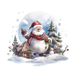 Christmas banner with snowman as Santa Claus with Xmas festive ornaments on a snowy white background. Generative AI