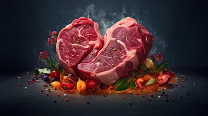 Heart shape raw dry aged beef rib steaks with rosemary, pepper and salt on dark background. Generative AI