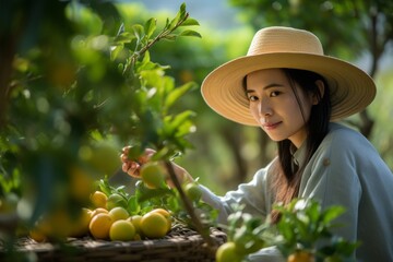 Environmental portrait photography of a satisfied girl in her 30s harvesting fruits or vegetables against a serene tea garden background. With generative AI technology