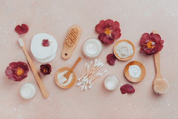 skincare products and dog rose flowers. zero waste eco friendly natural cosmetics for home spa