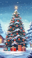 Beautiful decorated Christmas tree with present boxes in a winter landscape with snow. Generative AI