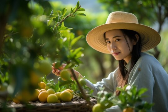 Environmental portrait photography of a satisfied girl in her 30s harvesting fruits or vegetables against a serene tea garden background. With generative AI technology