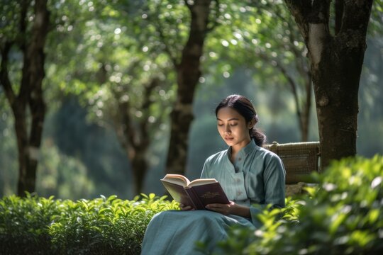 Environmental portrait photography of a satisfied girl in her 30s reading a book against a serene tea garden background. With generative AI technology