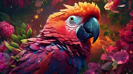 Parrot in field of wild flowers. Generative AI
