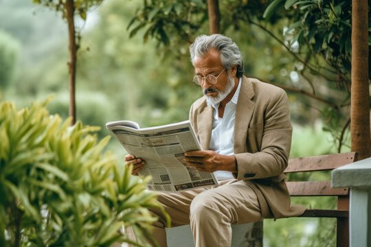 Lifestyle portrait photography of a glad mature man reading the newspaper against a serene tea garden background. With generative AI technology