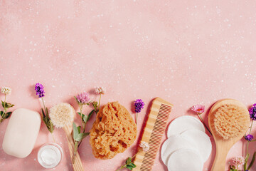 zero waste eco friendly bath and body care products and wild flowers. natural cosmetics for home spa treatment