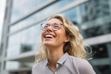 Medium shot portrait photography of a joyful girl in her 30s laughing against a modern office building background. With generative AI technology