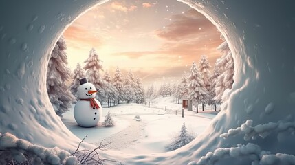 Panoramic view of happy snowman in winter scenery. Generative AI