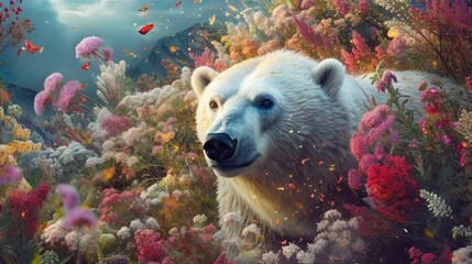 White bear in field of wild flowers. Generative AI