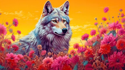 Wolf in field of wild flowers. Generative AI