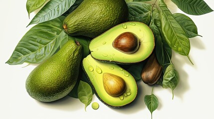 Fresh avocados and palm leaves on white background. Generative AI
