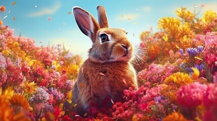 Rabbit in field of wild flowers. Generative AI