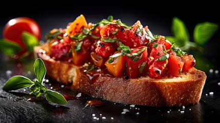 Tomato and basil bruschetta vegetarian meal on dark background. Generative AI - obrazy, fototapety, plakaty