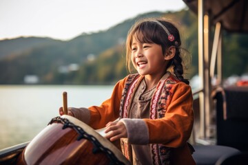 Environmental portrait photography of a happy kid female playing the drum against a scenic riverboat background. With generative AI technology